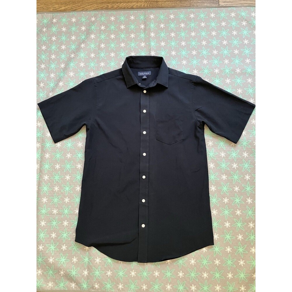 NAUTICA Youth Boys Size L 14/16 Button Down Shirt Short Sleeve Navy Stretch EUC